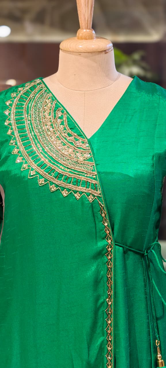 Half Phased Embroidered Angrakha Style A-Line Russian Silk Full Suit Set with Dupatta- 15324