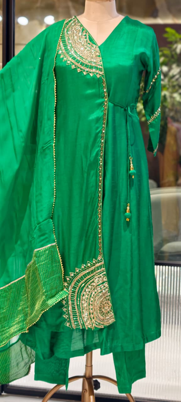 Half Phased Embroidered Angrakha Style A-Line Russian Silk Full Suit Set with Dupatta- 15324