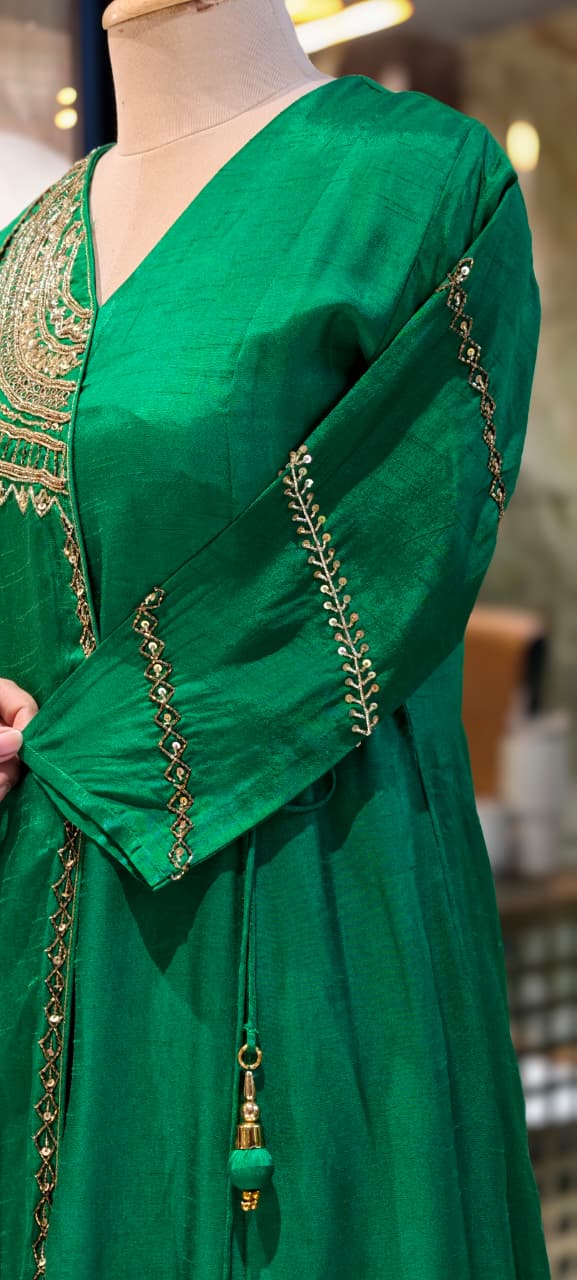 Half Phased Embroidered Angrakha Style A-Line Russian Silk Full Suit Set with Dupatta- 15324