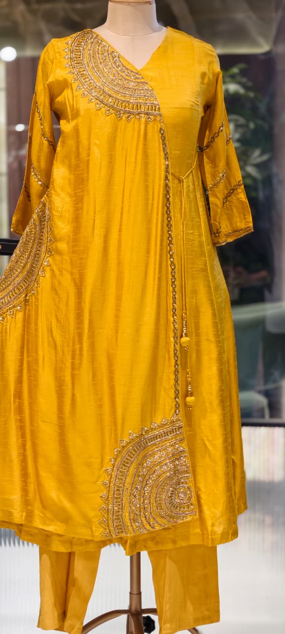 Half Phased Embroidered Angrakha Style A-Line Russian Silk Full Suit Set with Dupatta- 15324