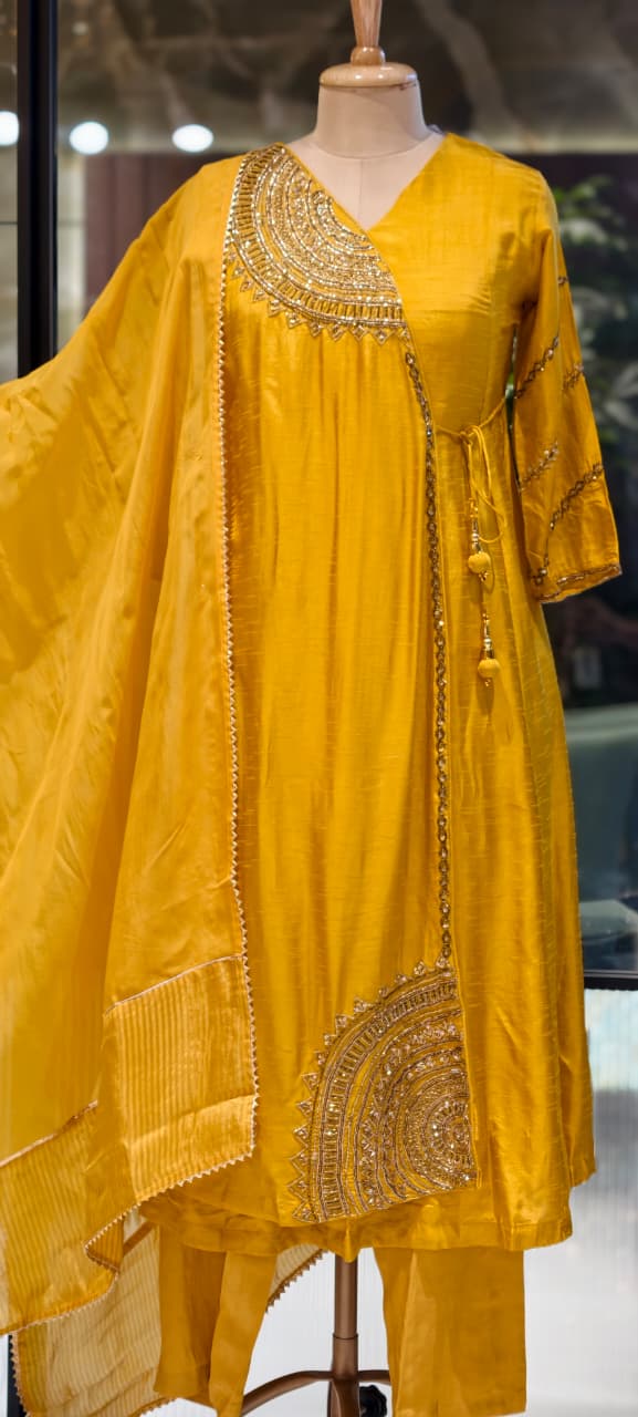 Half Phased Embroidered Angrakha Style A-Line Russian Silk Full Suit Set with Dupatta- 15324