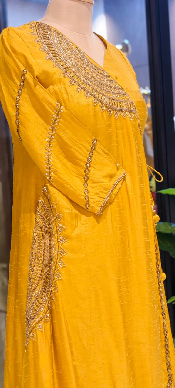 Half Phased Embroidered Angrakha Style A-Line Russian Silk Full Suit Set with Dupatta- 15324