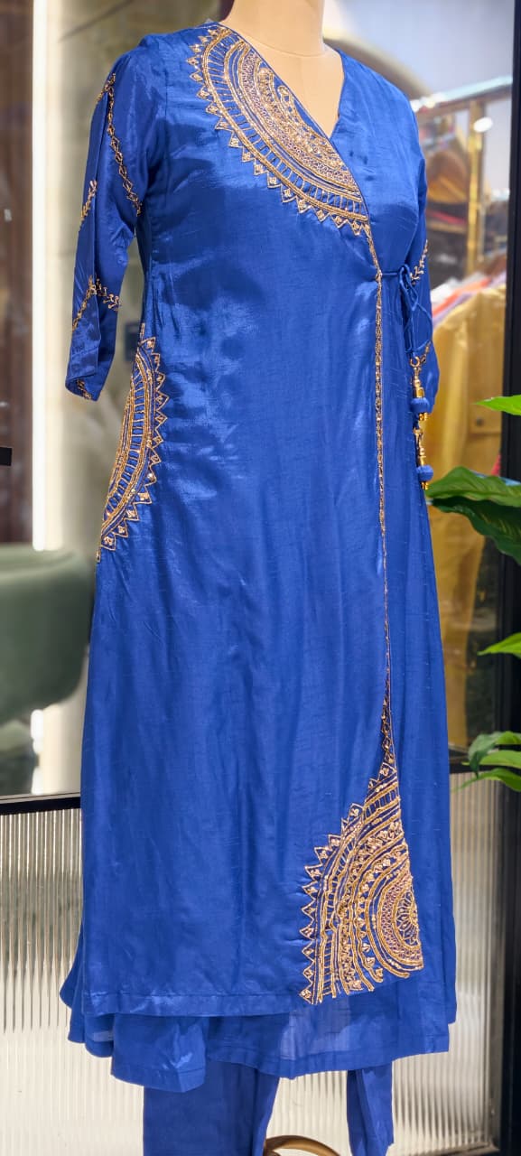 Half Phased Embroidered Angrakha Style A-Line Russian Silk Full Suit Set with Dupatta- 15324