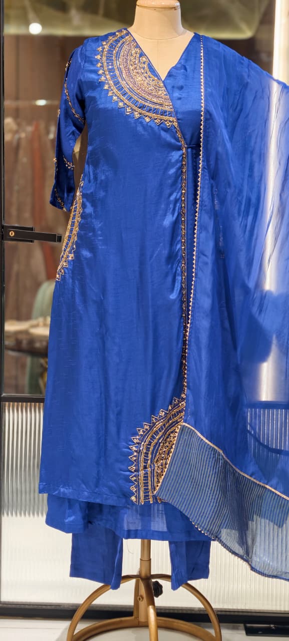 Half Phased Embroidered Angrakha Style A-Line Russian Silk Full Suit Set with Dupatta- 15324