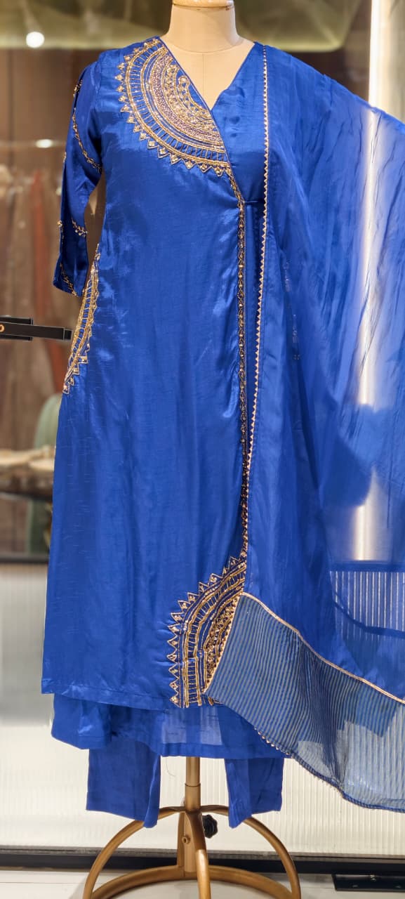 Half Phased Embroidered Angrakha Style A-Line Russian Silk Full Suit Set with Dupatta- 15324