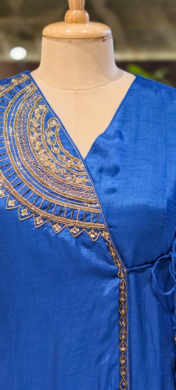 Half Phased Embroidered Angrakha Style A-Line Russian Silk Full Suit Set with Dupatta- 15324