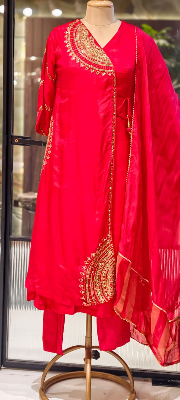Half Phased Embroidered Angrakha Style A-Line Russian Silk Full Suit Set with Dupatta- 15324