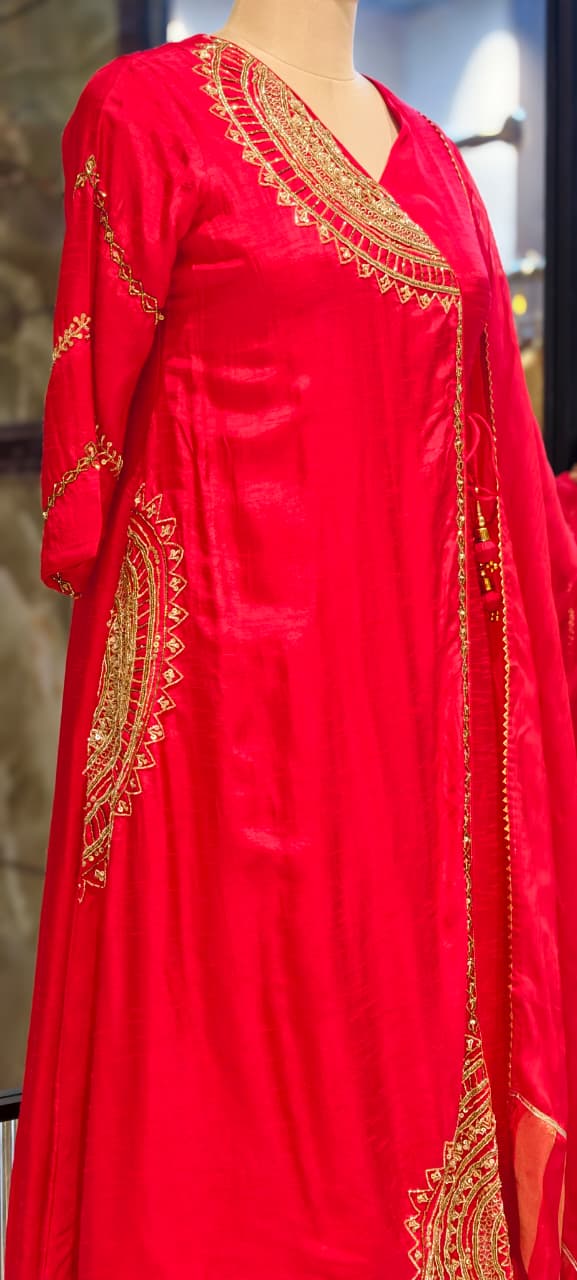 Half Phased Embroidered Angrakha Style A-Line Russian Silk Full Suit Set with Dupatta- 15324