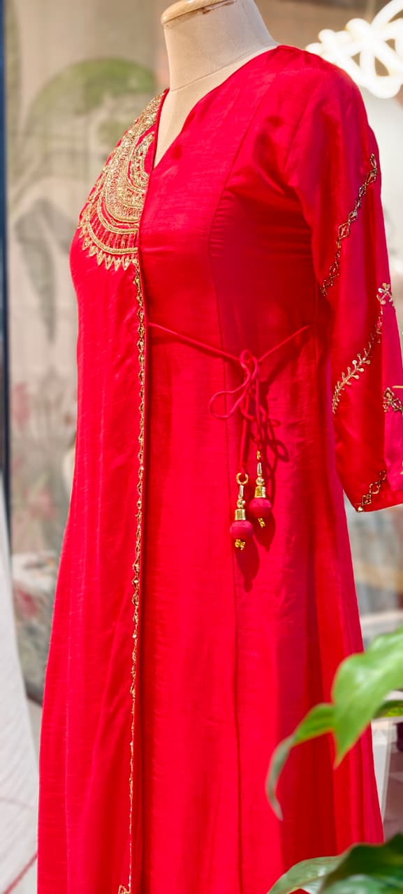 Half Phased Embroidered Angrakha Style A-Line Russian Silk Full Suit Set with Dupatta- 15324