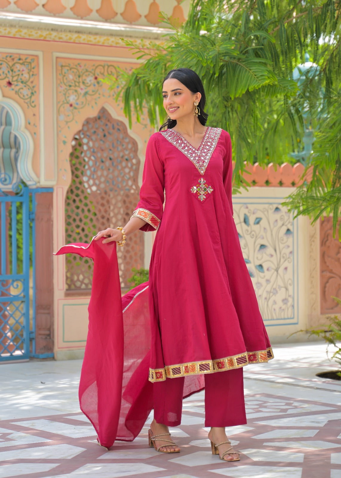 Vibrant Maroon Real Mirror V-Neck Embroidered Mul-Cotton Panel Anarkali Full Suit Set With Dupatta- 15324