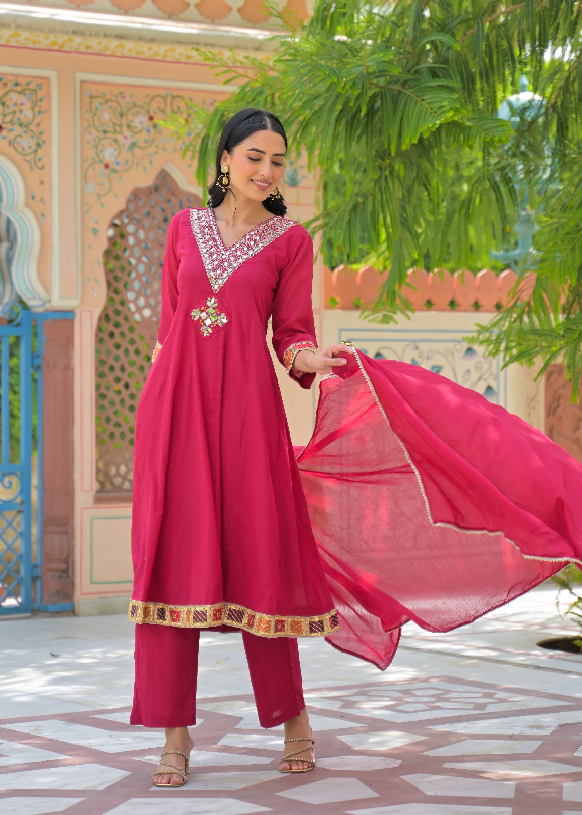 Vibrant Maroon Real Mirror V-Neck Embroidered Mul-Cotton Panel Anarkali Full Suit Set With Dupatta- 15324