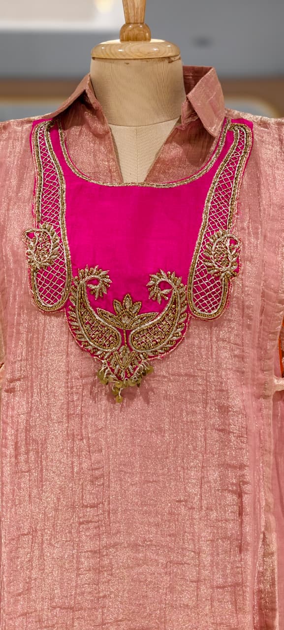 Premium Crush Tissue Mango Buti Embroidered Contrasted Yoke Overlay Co-Ord Set-