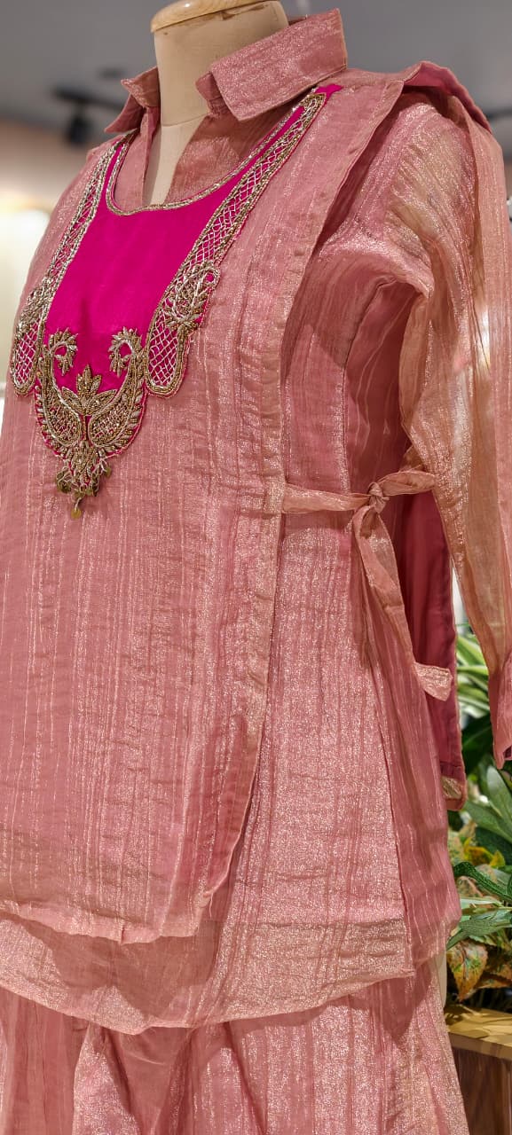 Premium Crush Tissue Mango Buti Embroidered Contrasted Yoke Overlay Co-Ord Set-