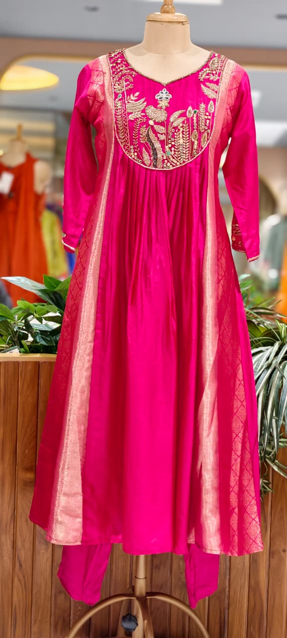 Fuchsia Festive Pleated Brocade Anarkali Full Suit Set With Heavy Zardosi Yoke Work- 15327