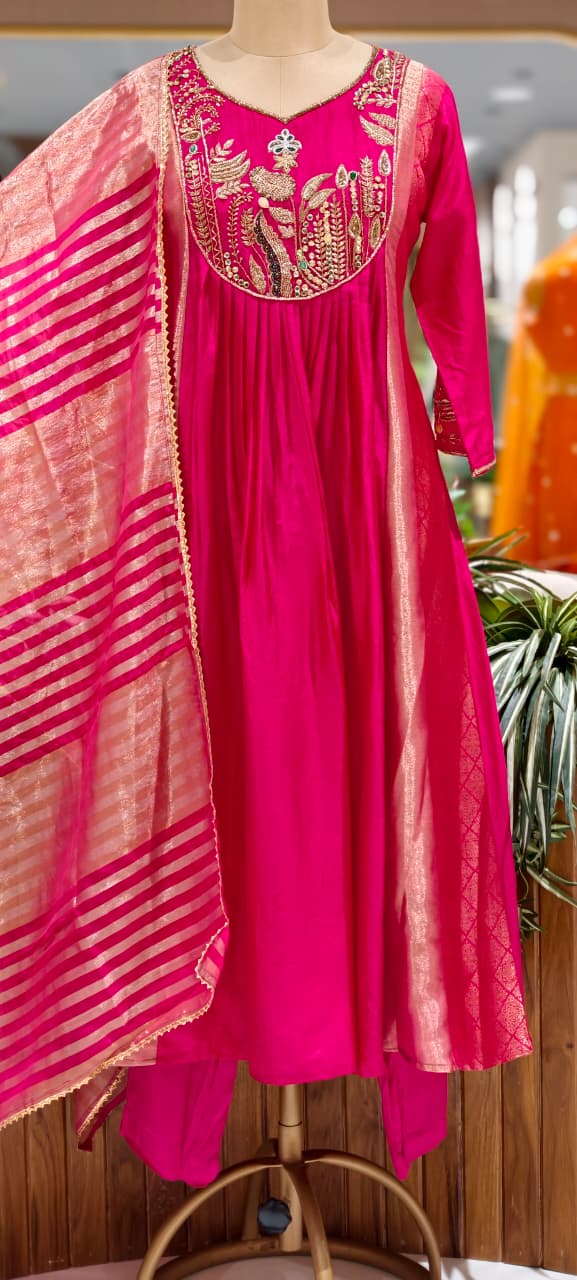 Fuchsia Festive Pleated Brocade Anarkali Full Suit Set With Heavy Zardosi Yoke Work- 15327
