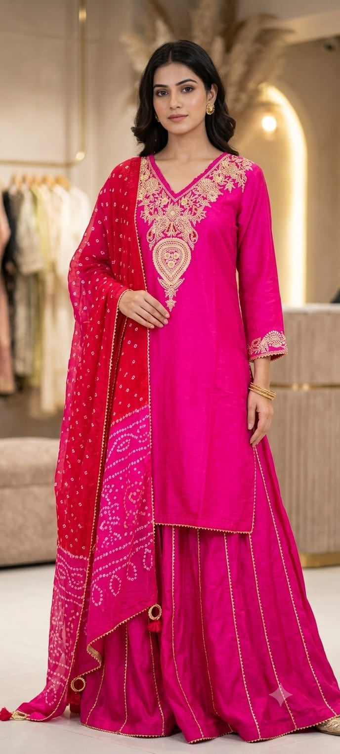 Pure Traditional Zardosi Yoke Fuschia Russian Silk Fancy Full Suit Set With Bandhej Dupatta & Skirt Look Palazzo Bottom- 13814