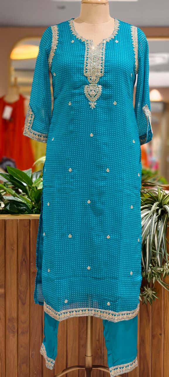 Dotted Bandhej Print Zardosi Neckline Poly Georgette Full Suit Set With Dupatta- 15331