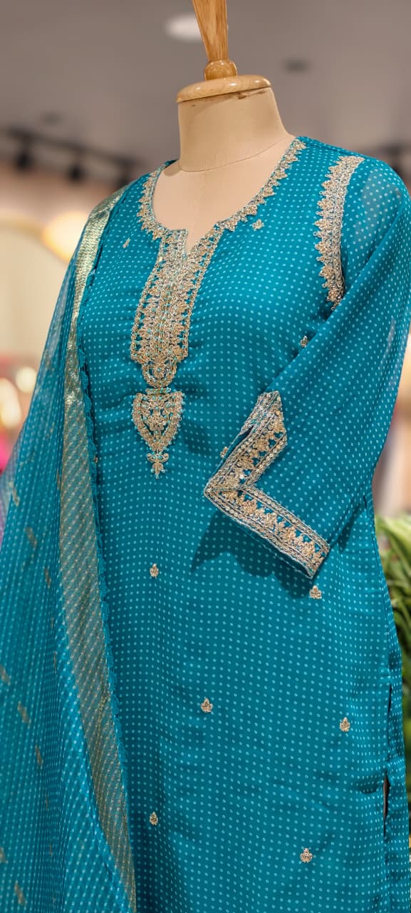 Dotted Bandhej Print Zardosi Neckline Poly Georgette Full Suit Set With Dupatta- 15331
