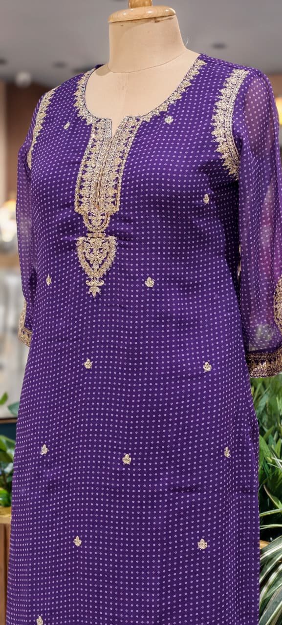 Dotted Bandhej Print Zardosi Neckline Poly Georgette Full Suit Set With Dupatta- 15331