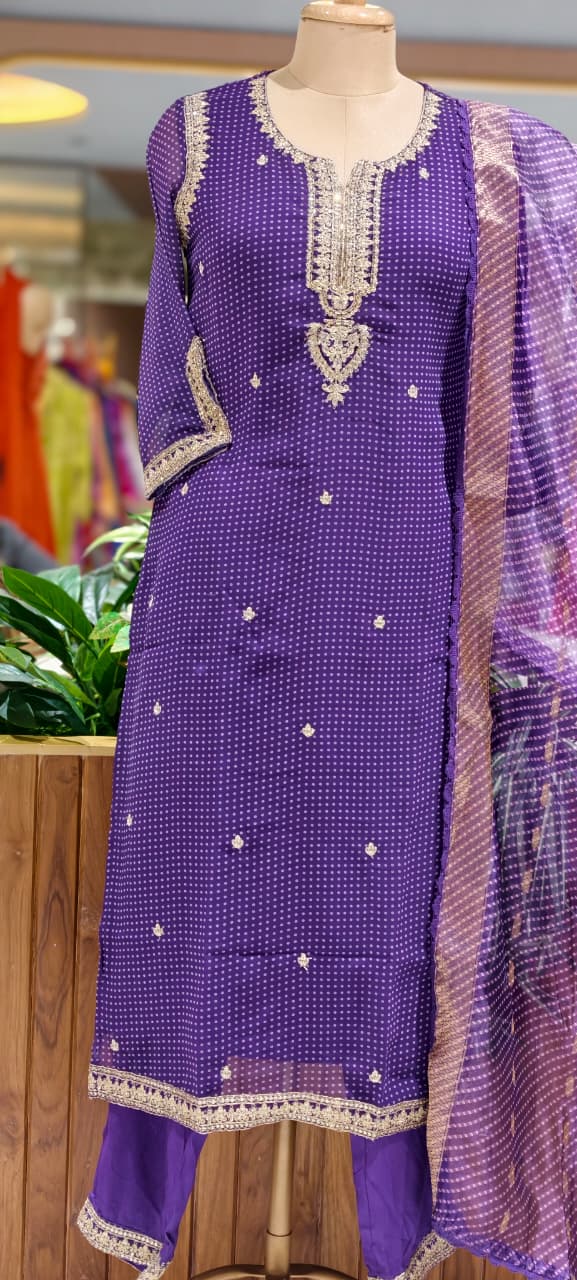 Dotted Bandhej Print Zardosi Neckline Poly Georgette Full Suit Set With Dupatta- 15331