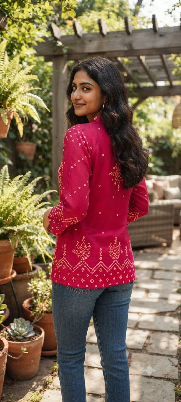 Mandarin Collar Bandhani Print Flowy Crepe Casual Kurti- 15335 (Lean Fit)