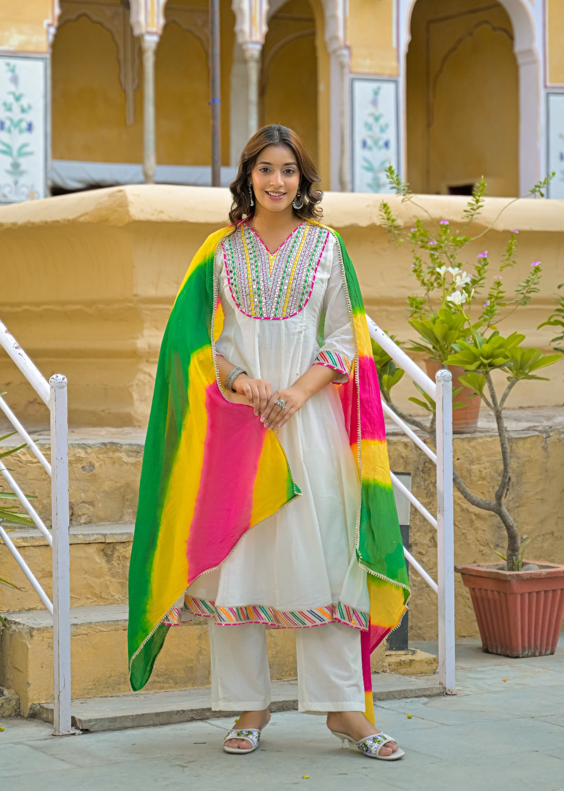 Classic Off-White Multicolor Yoke Mirror Work Ethnic Mul Cotton Panel Anarkali Full Suit Set With Dupatta- 15261