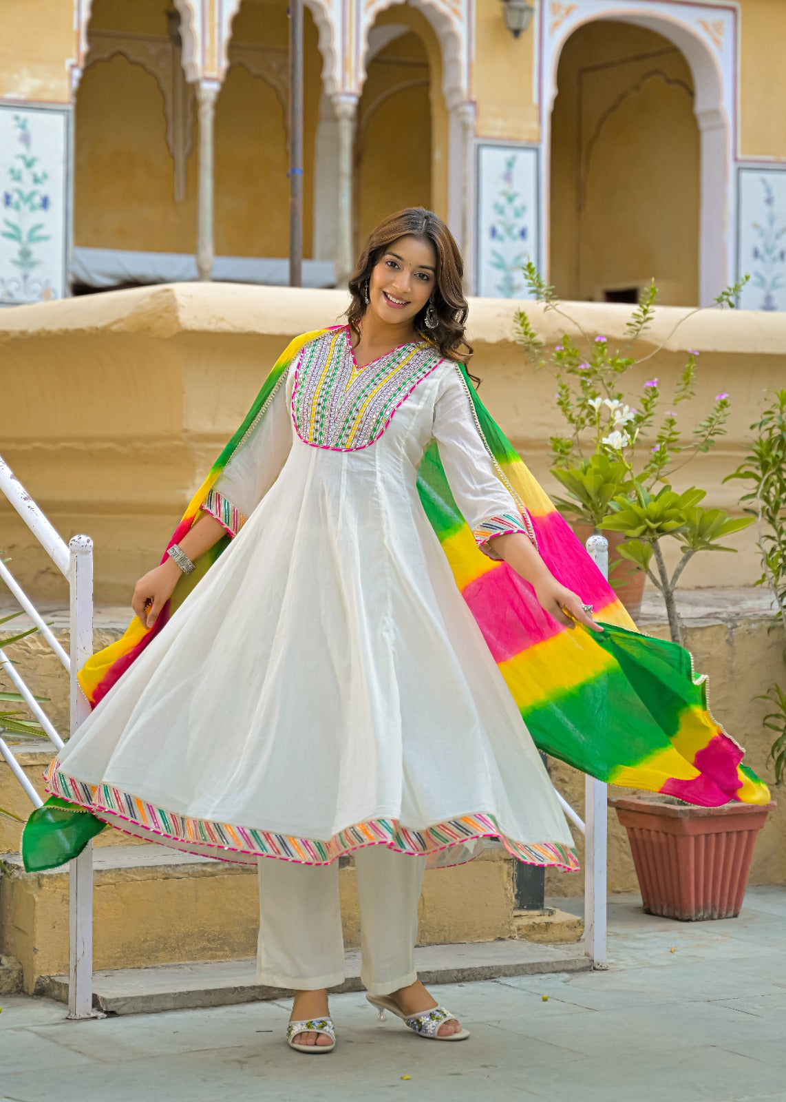 Classic Off-White Multicolor Yoke Mirror Work Ethnic Mul Cotton Panel Anarkali Full Suit Set With Dupatta- 15261