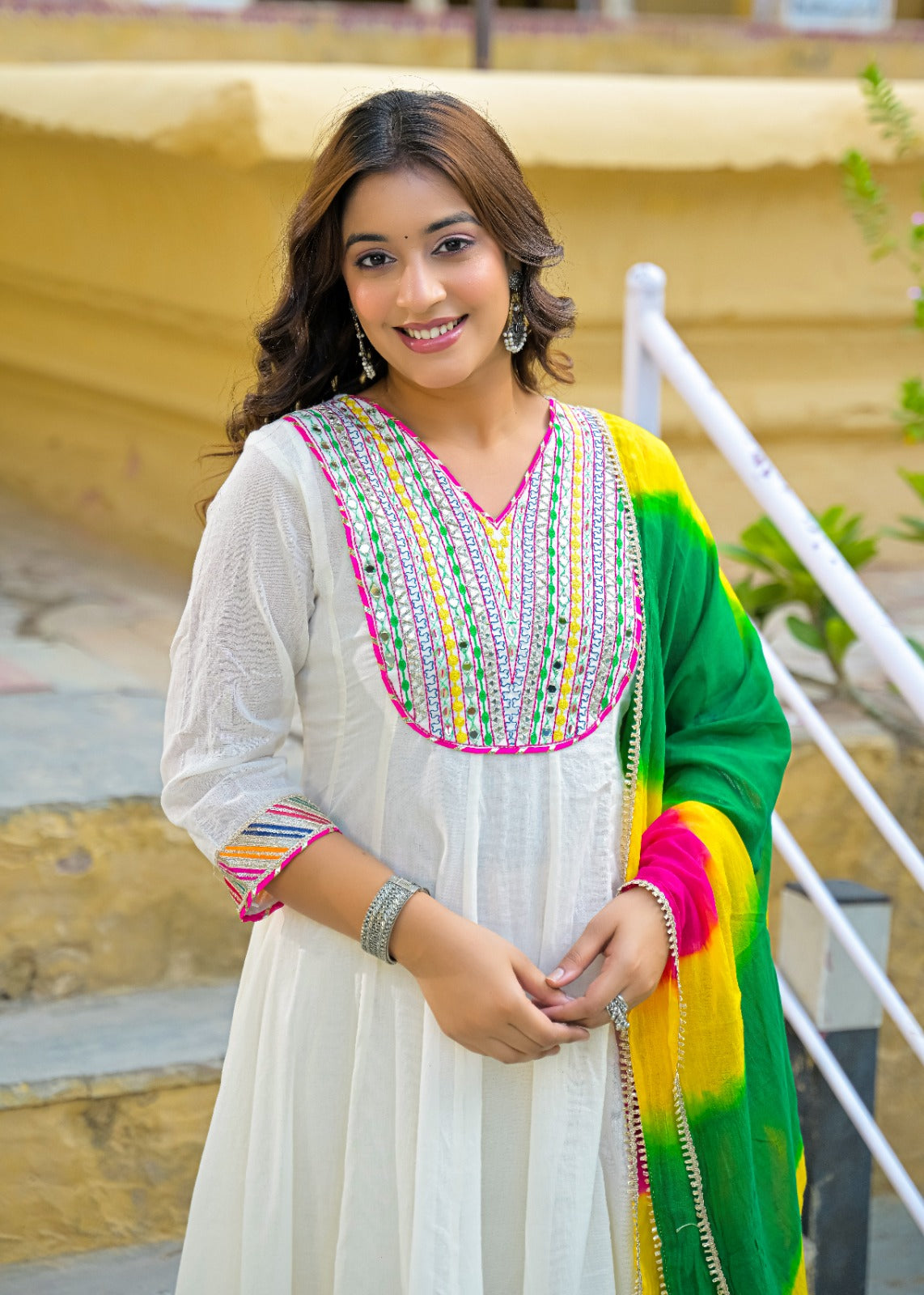 Classic Off-White Multicolor Yoke Mirror Work Ethnic Mul Cotton Panel Anarkali Full Suit Set With Dupatta- 15261