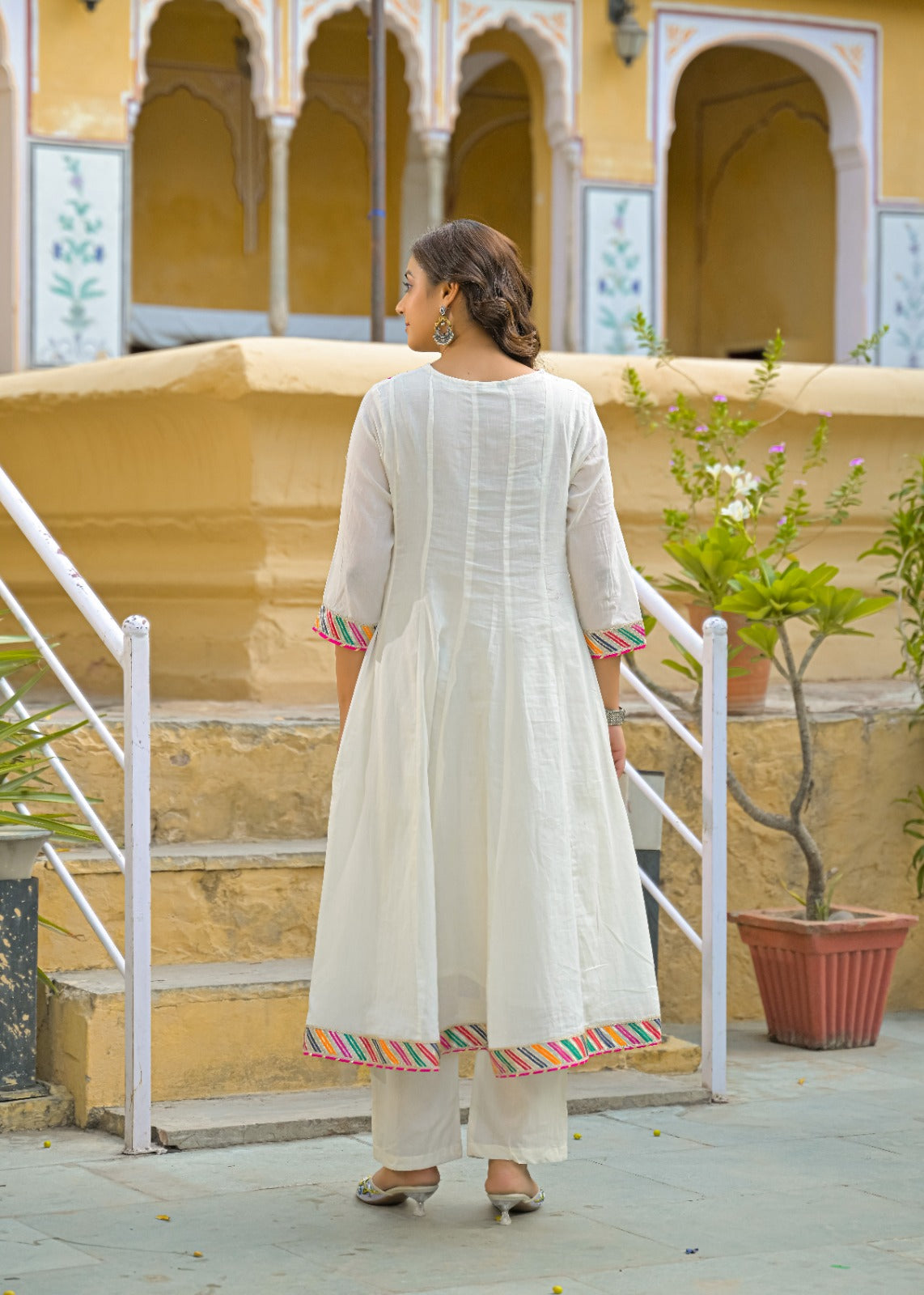 Classic Off-White Multicolor Yoke Mirror Work Ethnic Mul Cotton Panel Anarkali Full Suit Set With Dupatta- 15261