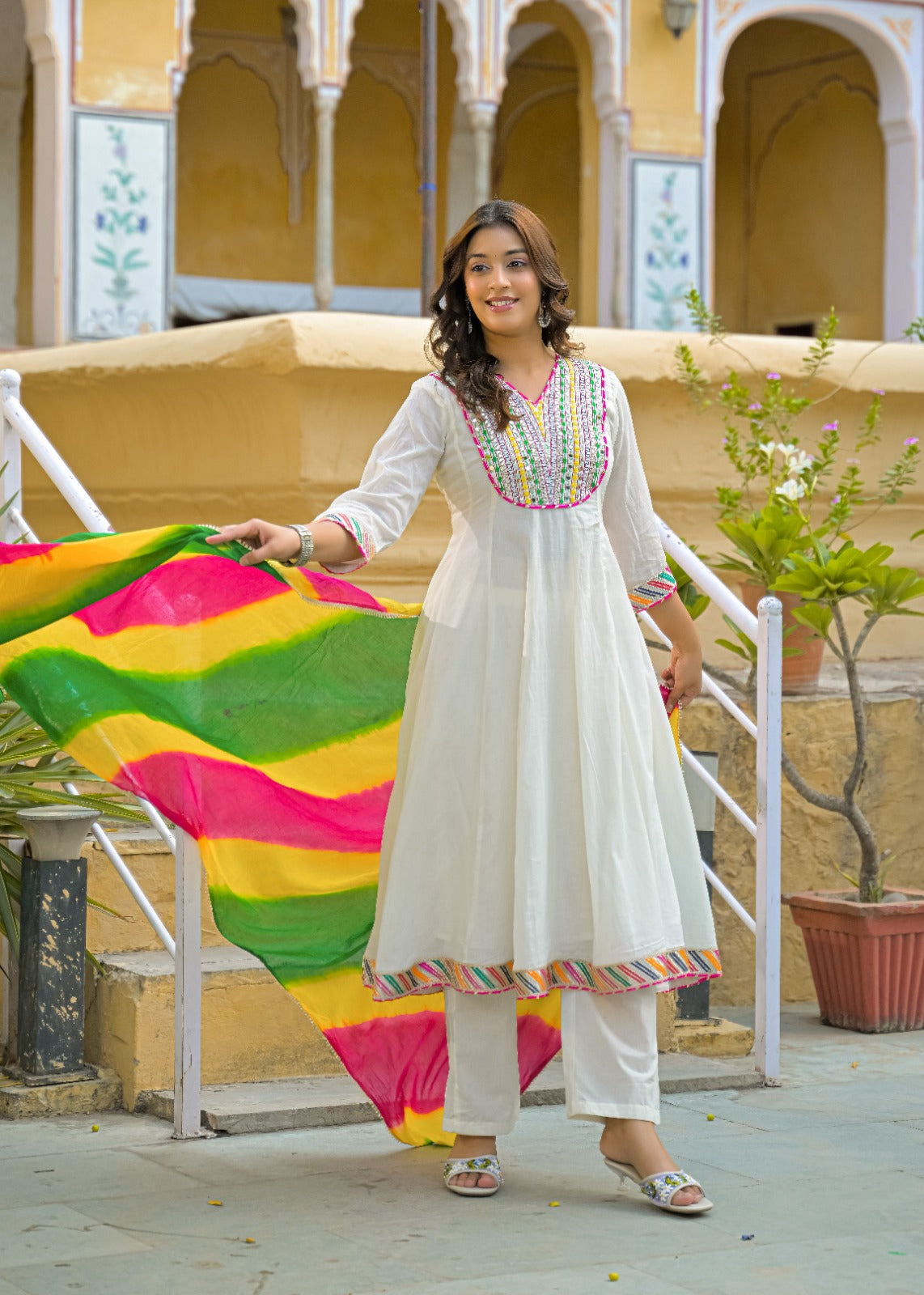 Classic Off-White Multicolor Yoke Mirror Work Ethnic Mul Cotton Panel Anarkali Full Suit Set With Dupatta- 15261