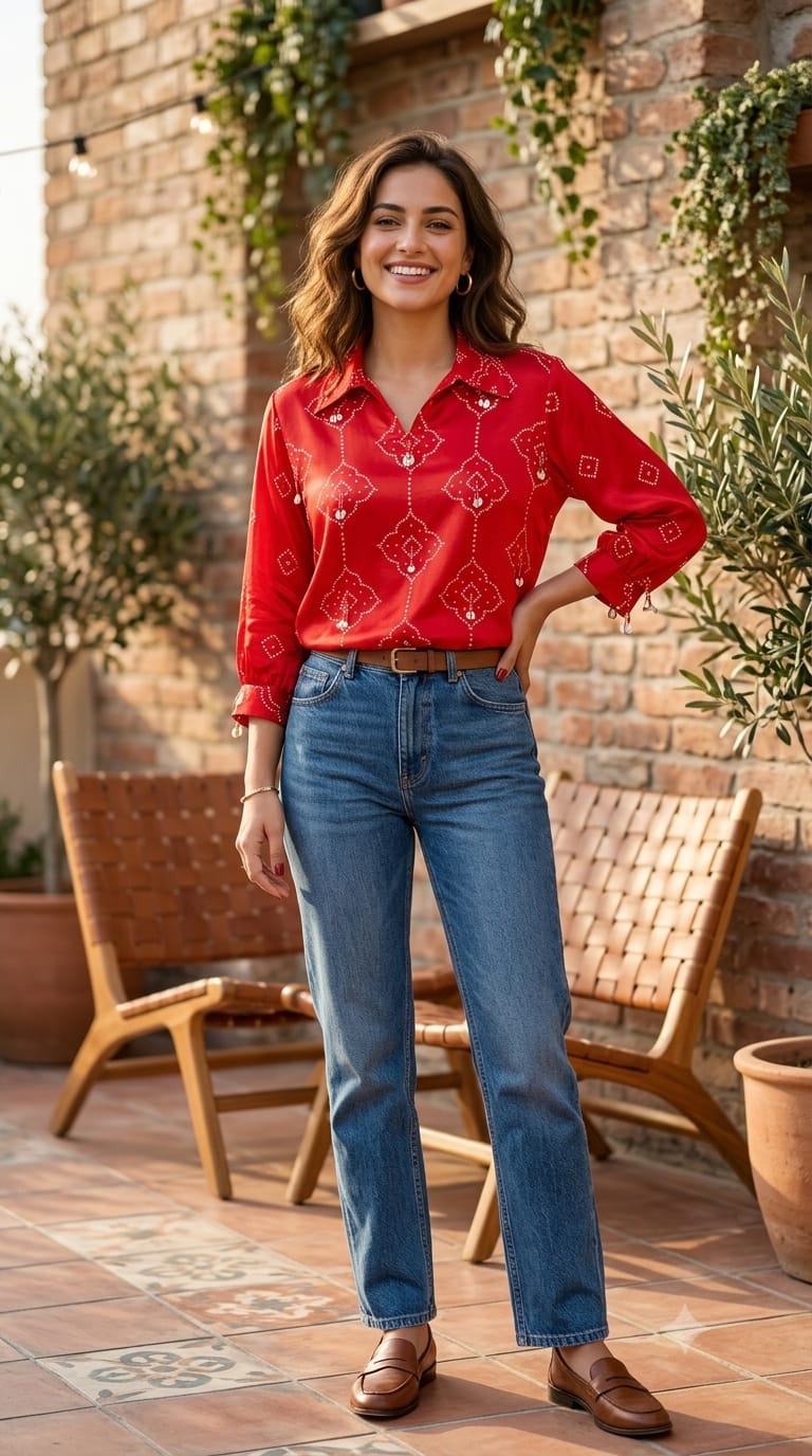 Vibrant Patola Bandhani Printed Tasseled Casual Crepe Shirt- 15373 (Lean Fit)