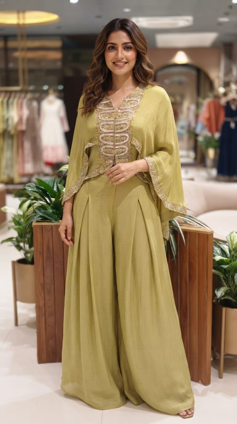 Elegant Cut-Dana Embroidered High-Low Outer With Buster & Flared Palazzo Bottom In Chinon Fabric- 15366
