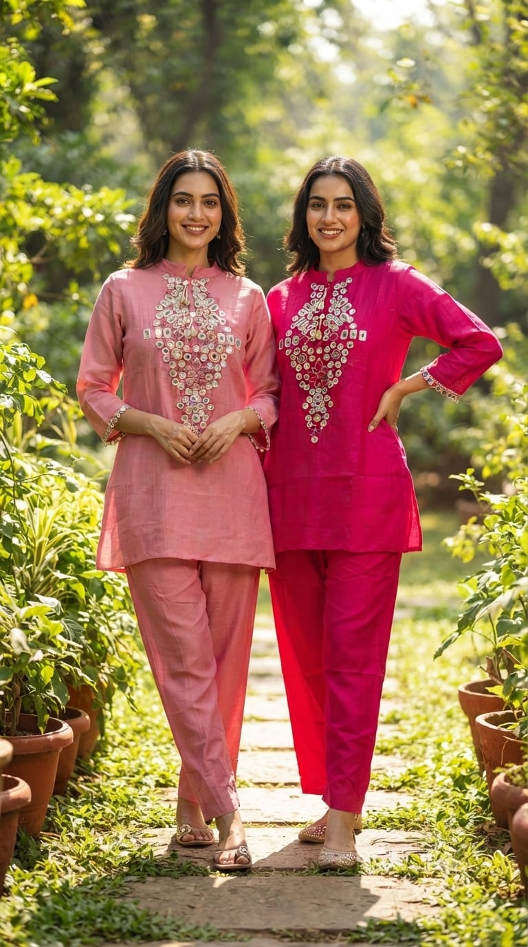Mul-Chanderi Real Mirror Intricate Embroidery With Shell Touch Co-Ord Set- 15398