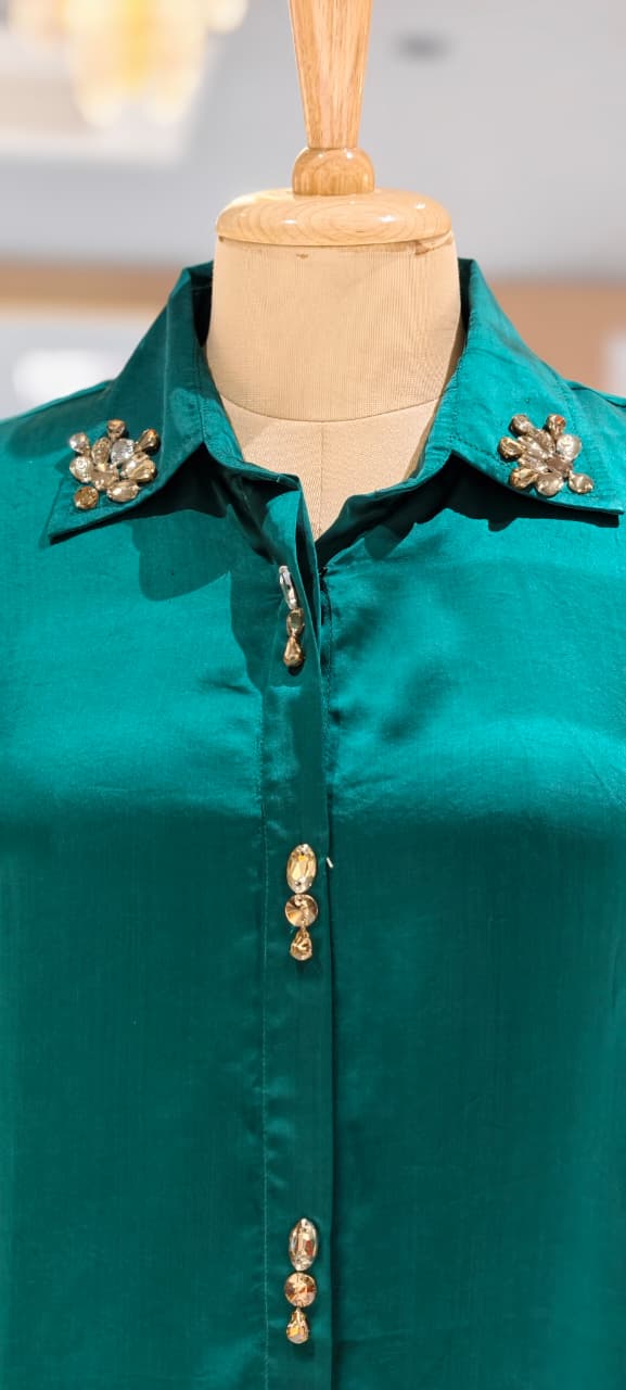 Emerald Satin Embellished Button-Down Butter Soft Satin Shirt- 14784