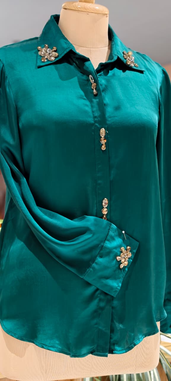 Emerald Satin Embellished Button-Down Butter Soft Satin Shirt- 14784