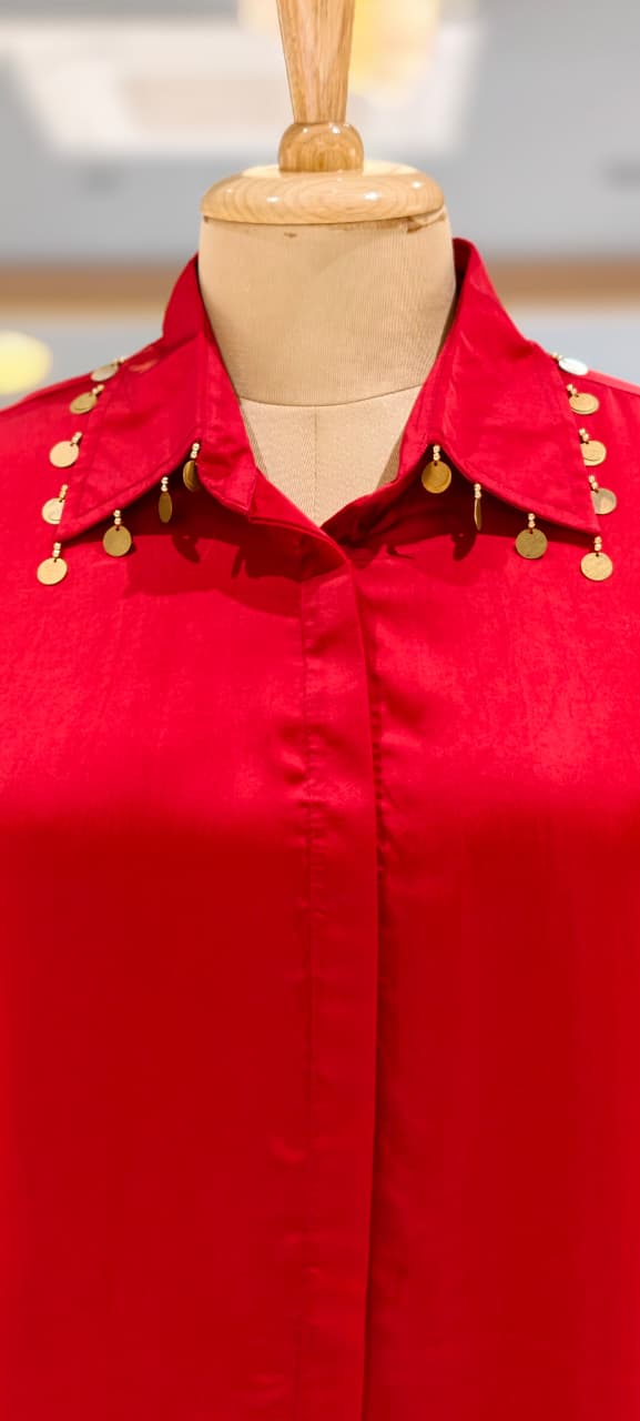 Elegant Crimson Satin Shirt with Gold Coin Embellishments- 14783