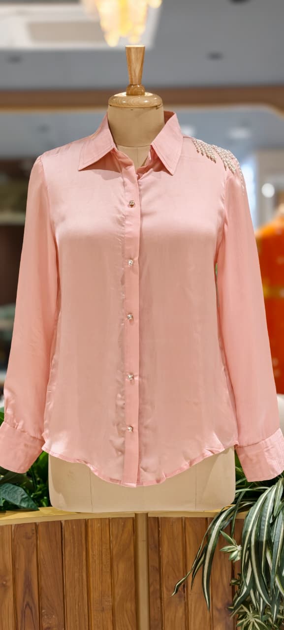 Blush Pink Pearl-Embellished Tassel Over Shoulder Satin Shirt- 14781