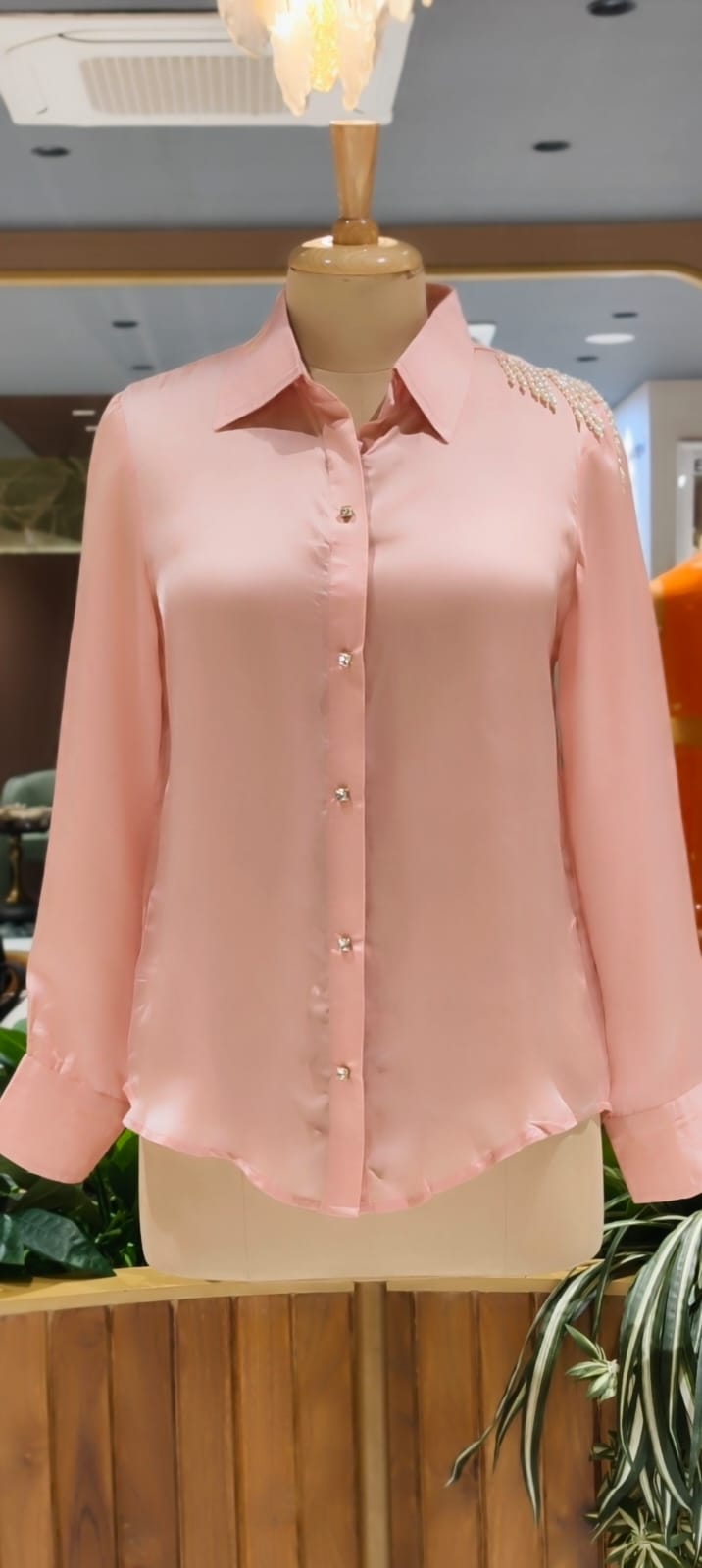 Blush Pink Pearl-Embellished Tassel Over Shoulder Satin Shirt- 14781