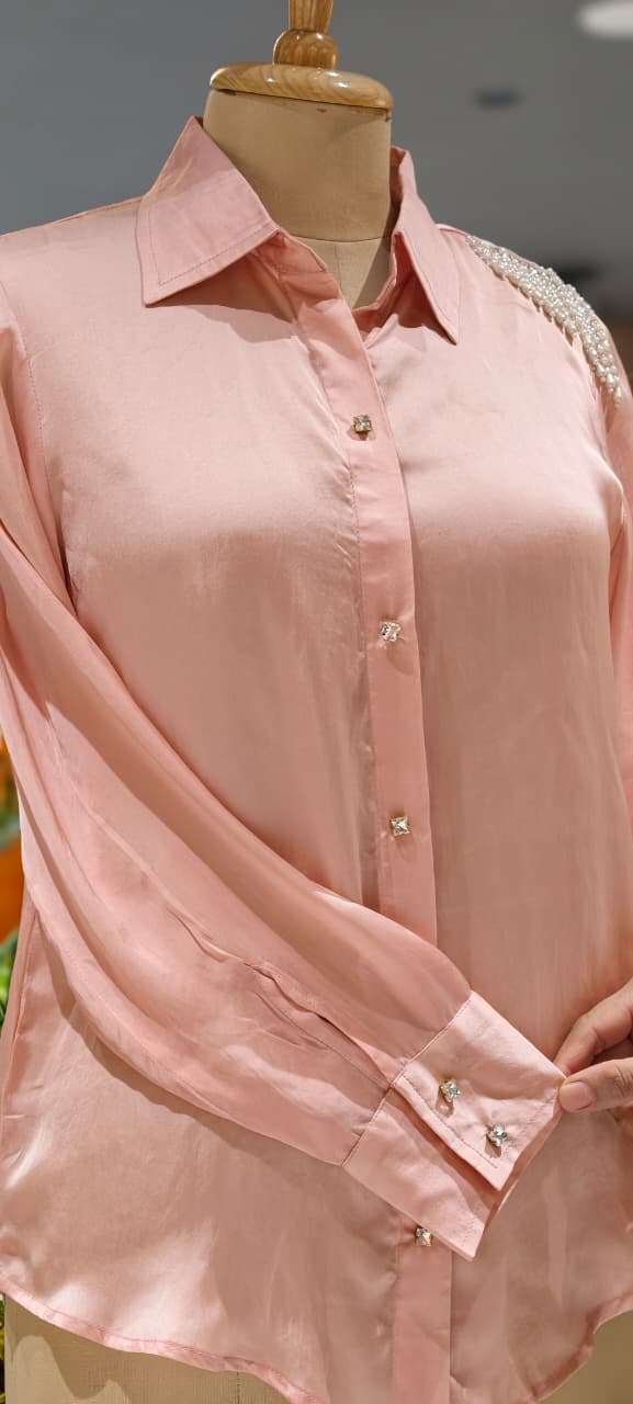 Blush Pink Pearl-Embellished Tassel Over Shoulder Satin Shirt- 14781