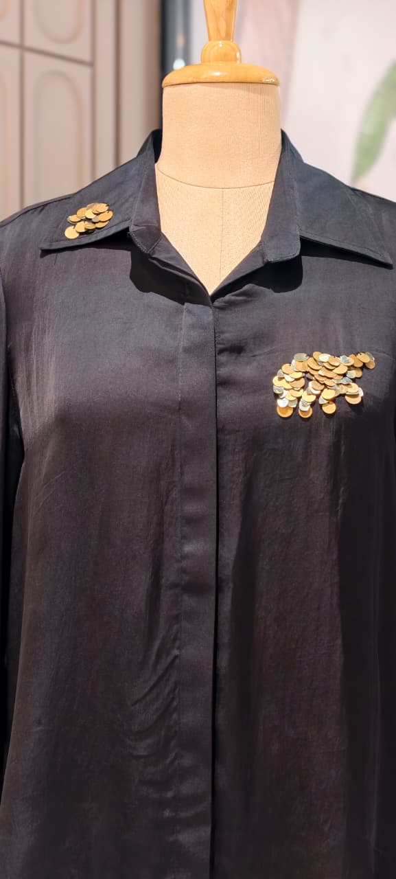 Midnight Glam Foil Touch Butter Soft Satin Shirt- 14782