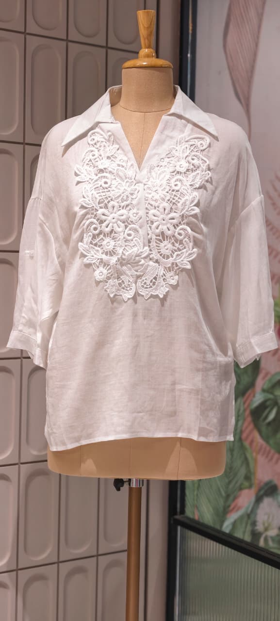 Elysian Lace-Applique Solid Tunic Imported Shirt- 15151