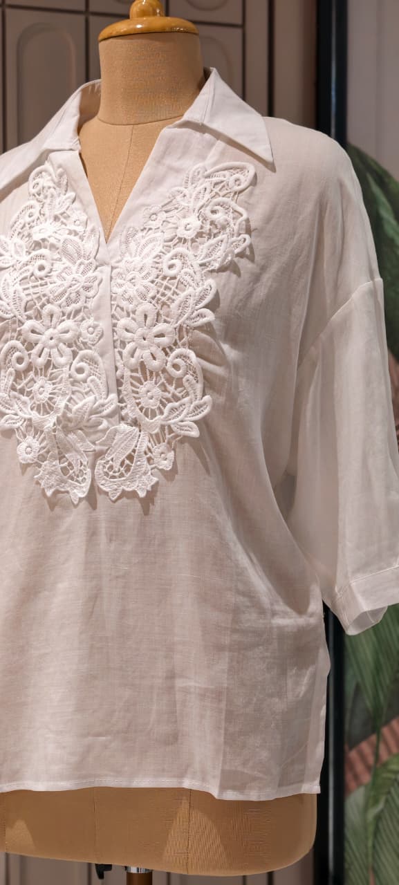 Elysian Lace-Applique Solid Tunic Imported Shirt- 15151