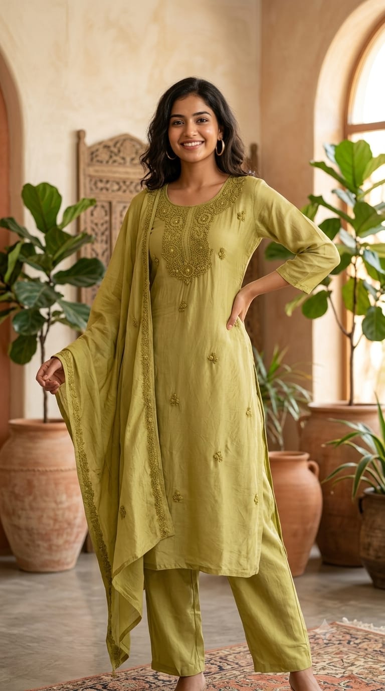 Foil Mirror Detailing Chikankari Embroidered Yoke Solid Full Suit Set With Dupatta- 15376