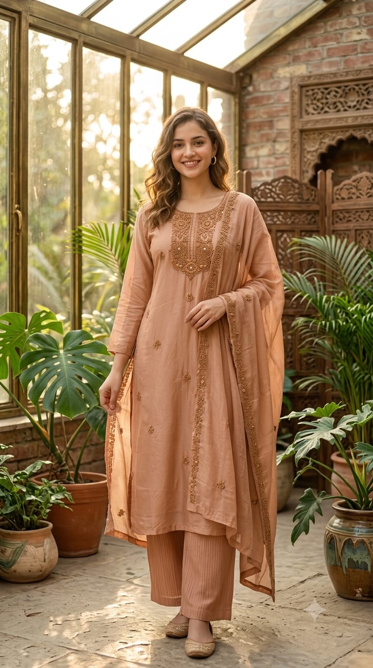 Foil Mirror Detailing Chikankari Embroidered Yoke Solid Full Suit Set With Dupatta- 15376