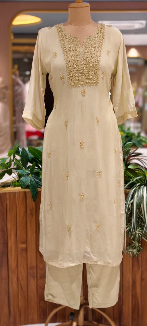 Foil Mirror Detailing Chikankari Embroidered Yoke Solid Full Suit Set With Dupatta- 15376