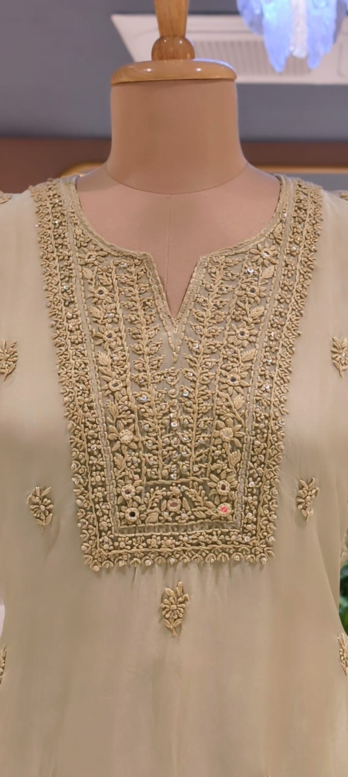 Foil Mirror Detailing Chikankari Embroidered Yoke Solid Full Suit Set With Dupatta- 15376