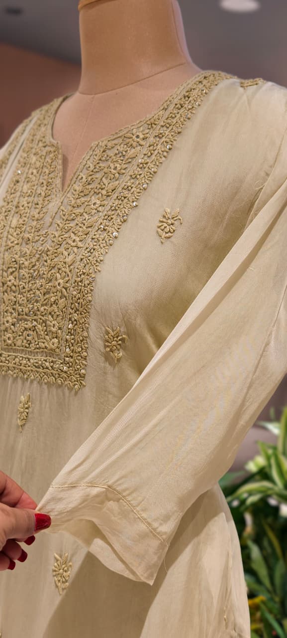 Foil Mirror Detailing Chikankari Embroidered Yoke Solid Full Suit Set With Dupatta- 15376