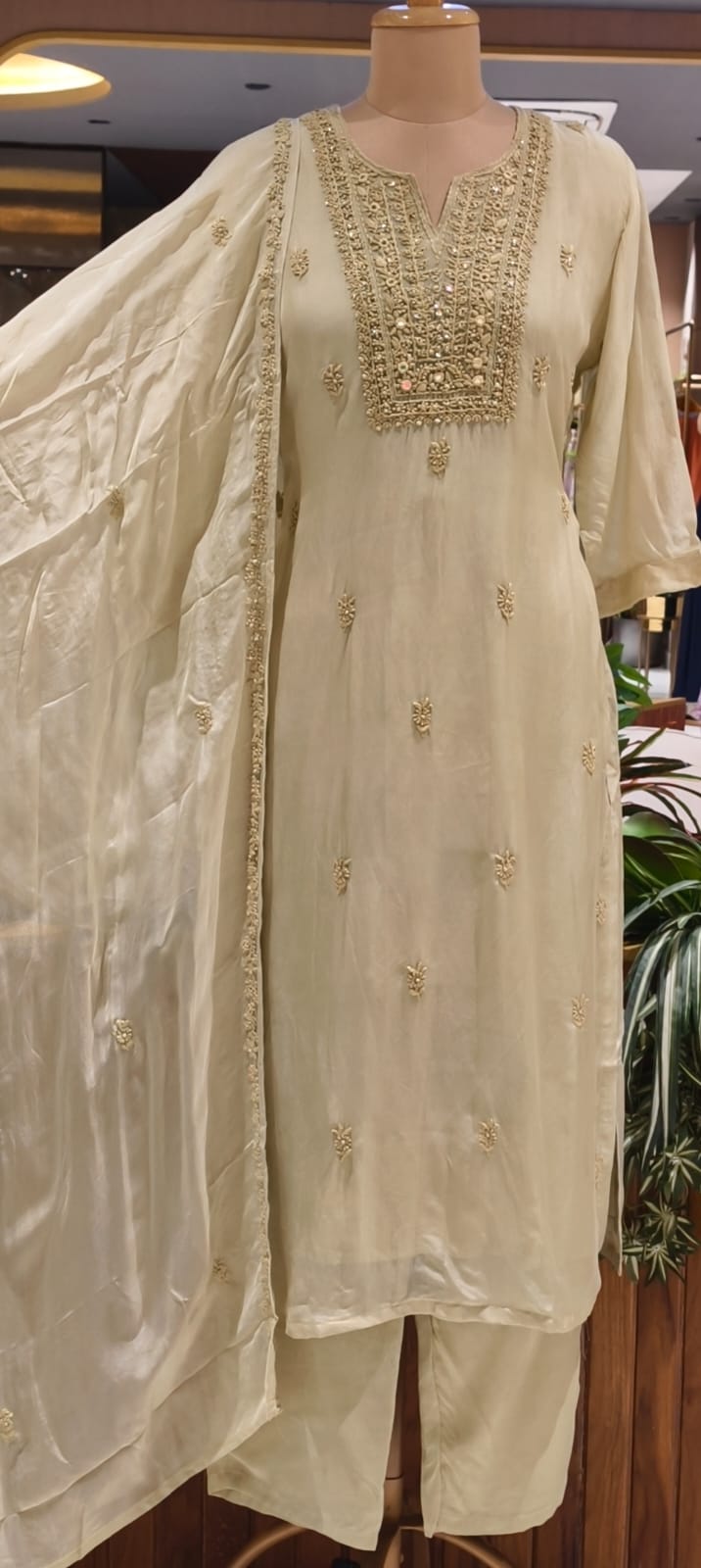 Foil Mirror Detailing Chikankari Embroidered Yoke Solid Full Suit Set With Dupatta- 15376