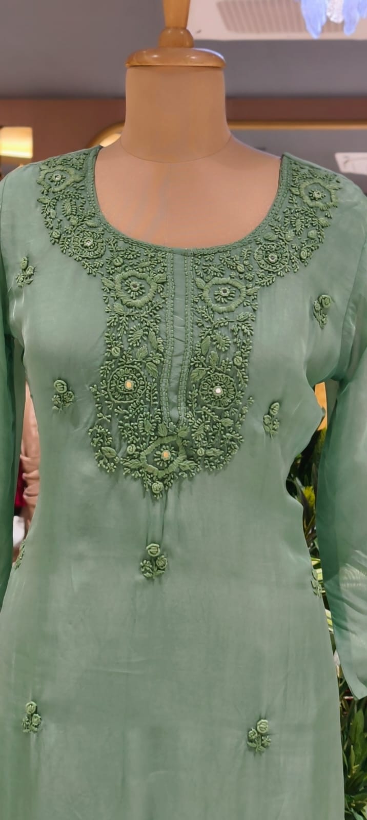 Foil Mirror Detailing Chikankari Embroidered Yoke Solid Full Suit Set With Dupatta- 15376