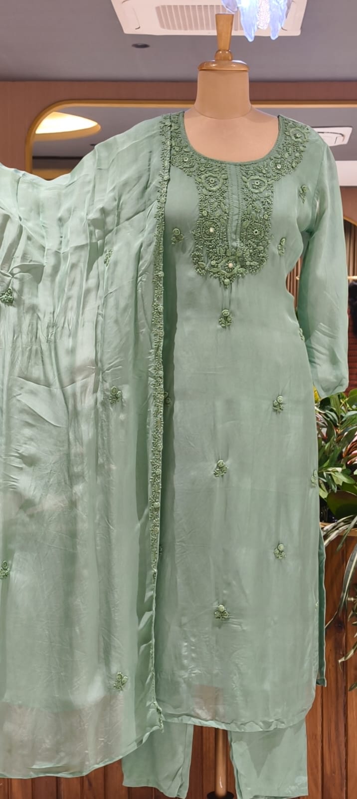 Foil Mirror Detailing Chikankari Embroidered Yoke Solid Full Suit Set With Dupatta- 15376